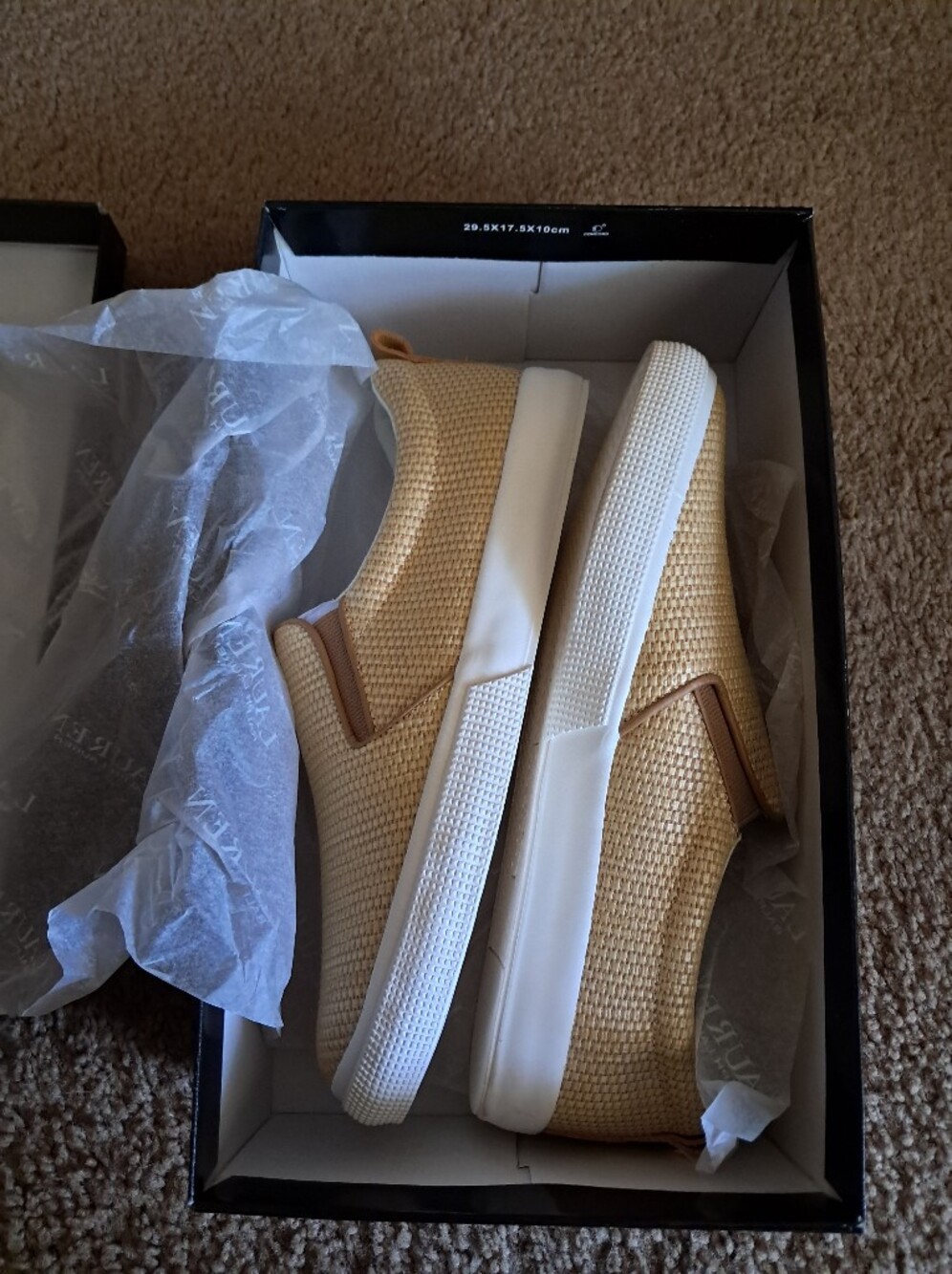 NIB Ralph Lauren Woven Slip-On Sneakers in Beige and Tan